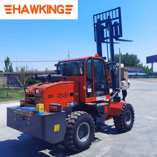 ラフ全地形フォークリフト 3 トン 3.5 トンディーゼルフォークリフト 4WD 3 メートル 4 メートル 4.5 メートル 5 メートル 6 メートル持ち上げ高さオフロードディーゼルフォークリフトローダー貨物持ち上げ装置